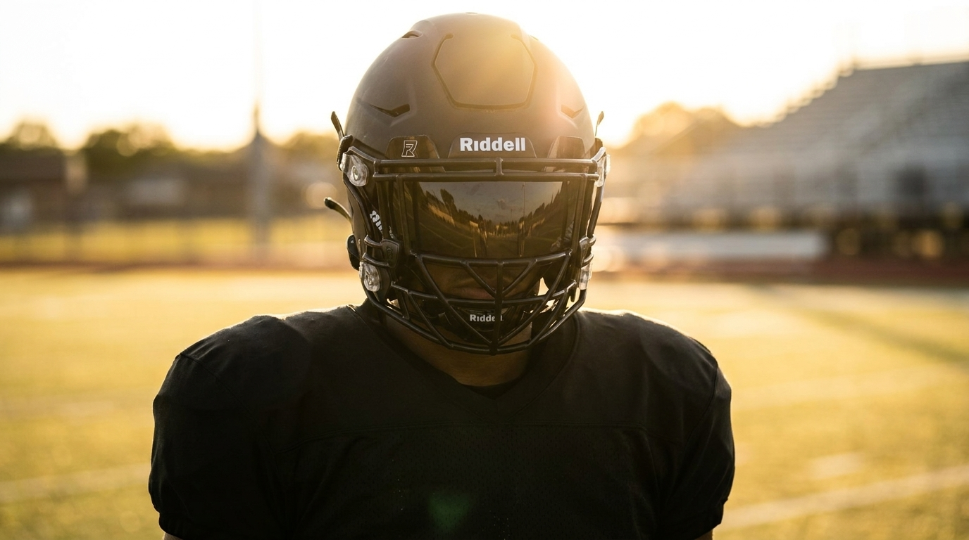 American football player on a field at golden hour wearing a matte black helmet with the Reyrr VISION Midnight Black tinted visor