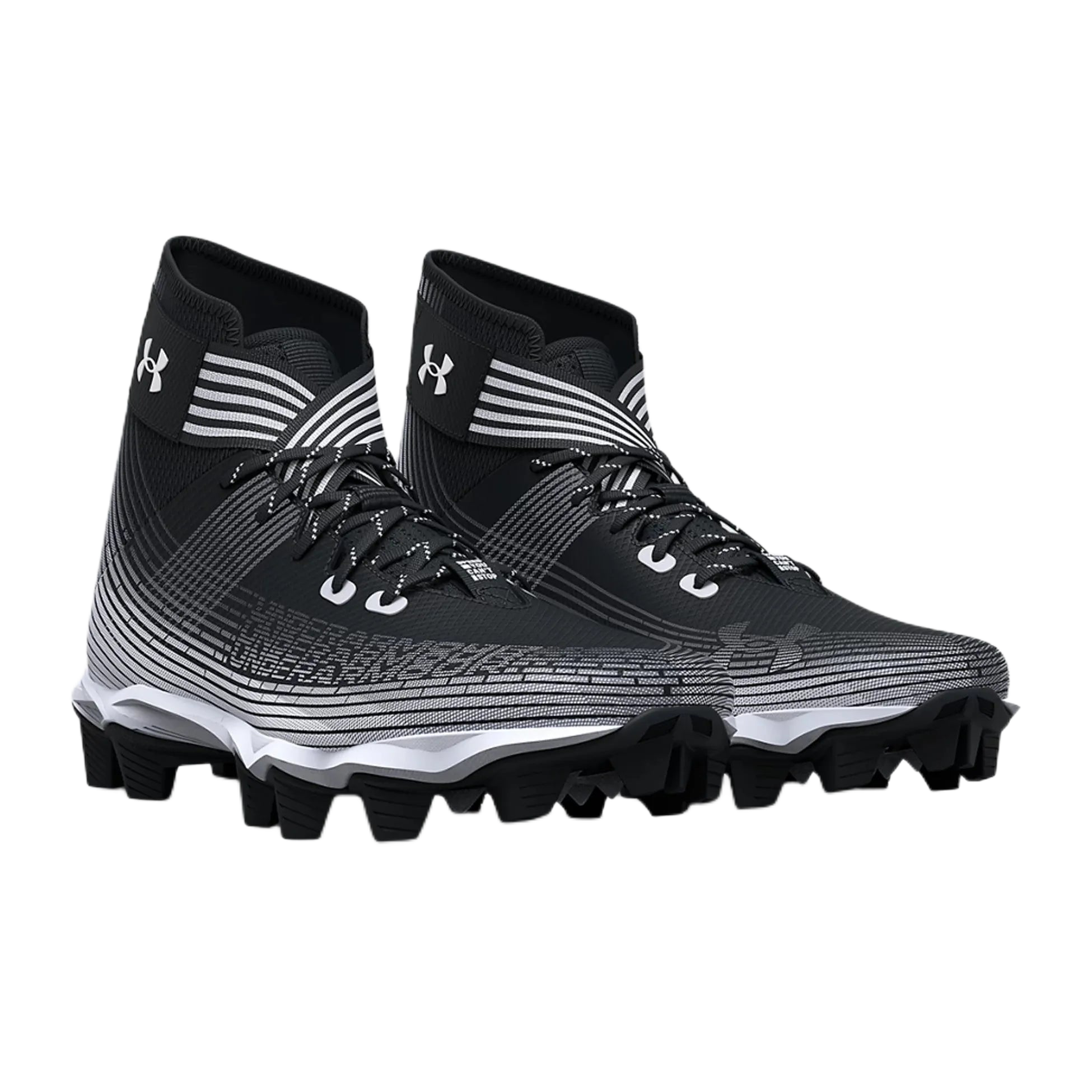 Under Armour Highlight Fran RM black and gray synthetic football cleats with ankle support and rubber molded cleats for traction