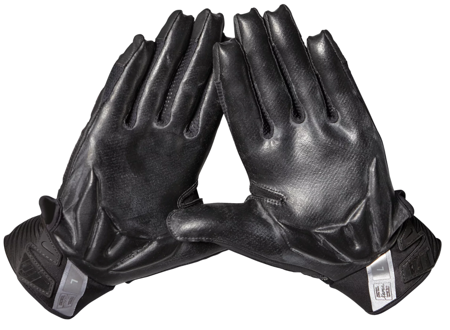 Black Nike D Tack 6.0 FG lineman gloves with protective gel padding and sticky Hydragrip palms for enhanced grip and comfort.