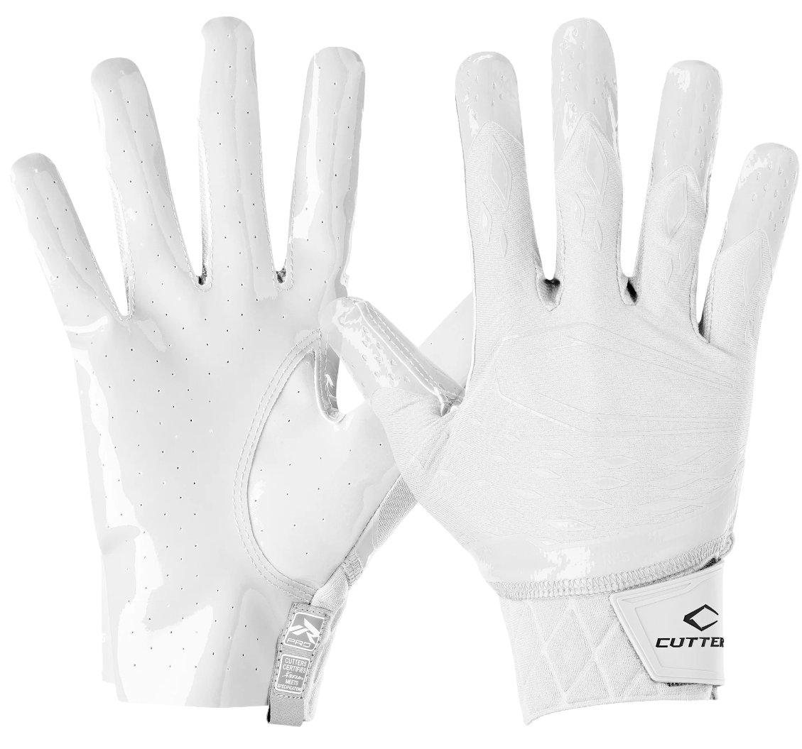 White Cutters Rev Pro 5.0 football receiver gloves with Air C-TACK grip and neoprene wrist strap