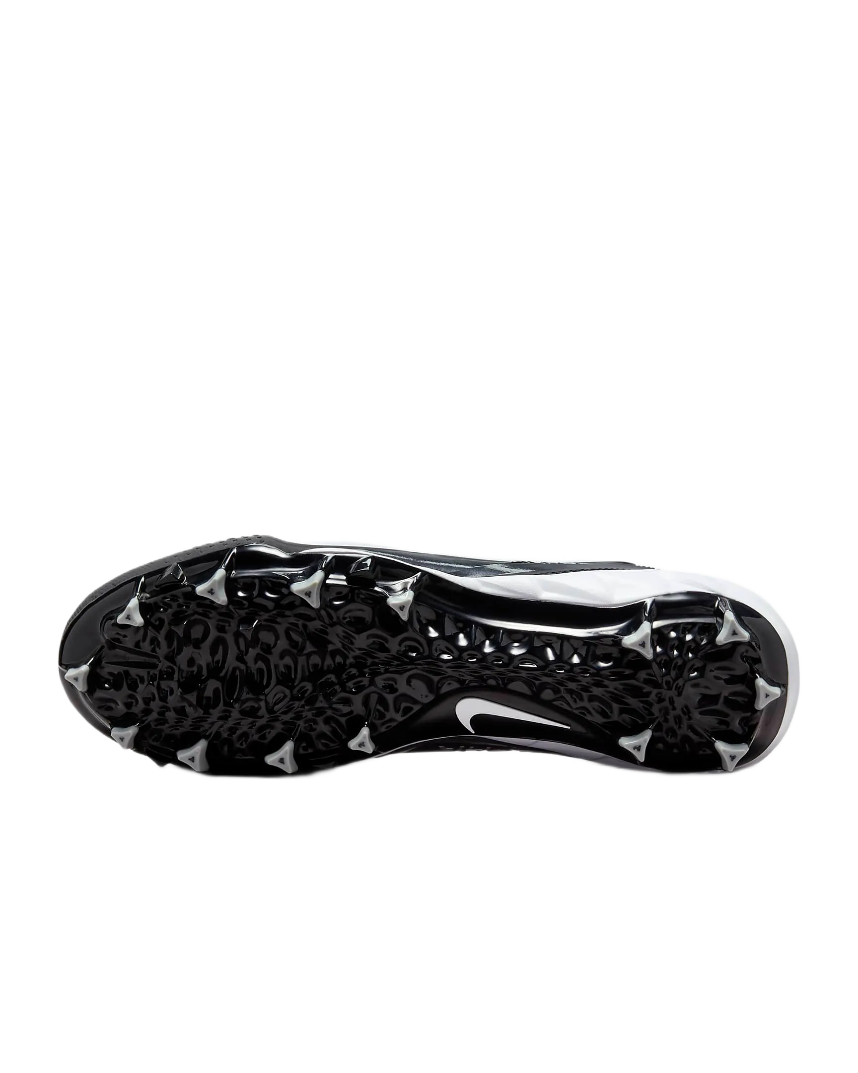 Nike Alpha Menace Varsity 4 football cleat with black studded outsole and white midsole designed for natural movement and cushioning.