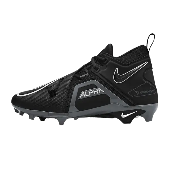 Nike Alpha Menace 3 Pro football cleats in black with synthetic leather, carbon fiber plates, and flexible X-Frames for stability.