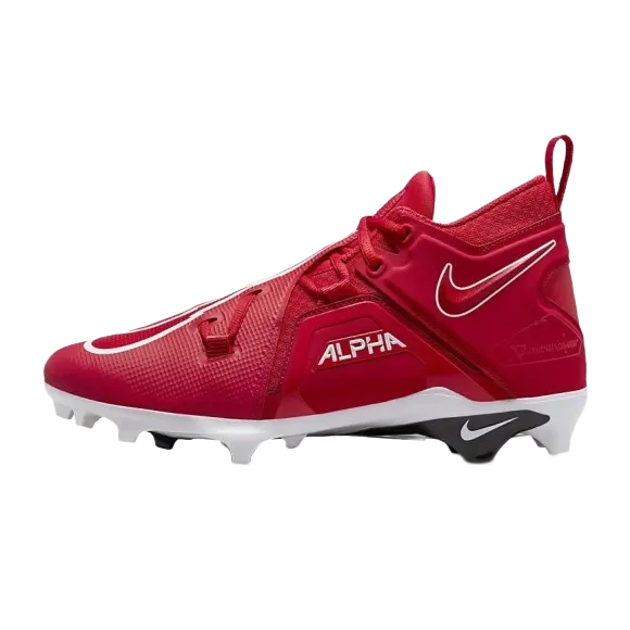 Red Nike Alpha Menace 3 Pro football cleats with white sole and black studs, synthetic leather and mesh upper, carbon fiber plates for stability.