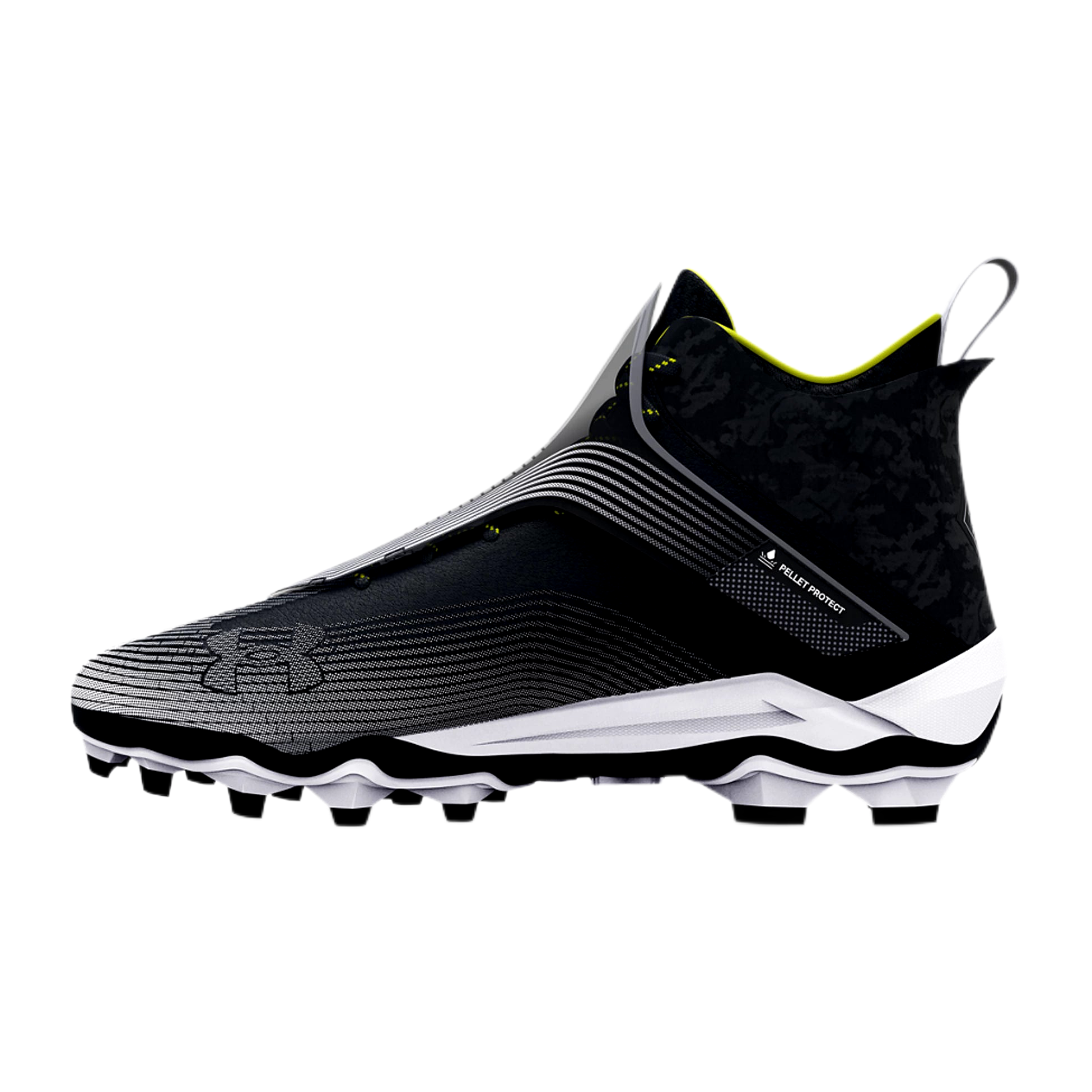UA Highlight Hammer MC lightweight football cleat with durable upper, lace protection, cushioned midsole, and supportive traction studs in black and white design