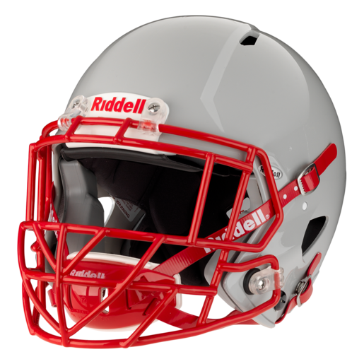 Riddell Victor-I youth football helmet in gray with red facemask designed for enhanced impact protection and custom fit comfort.