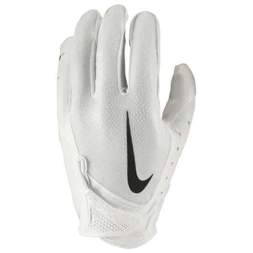 White Nike Vapor Jet 7 football glove with black swoosh logo and breathable, grip-enhancing design