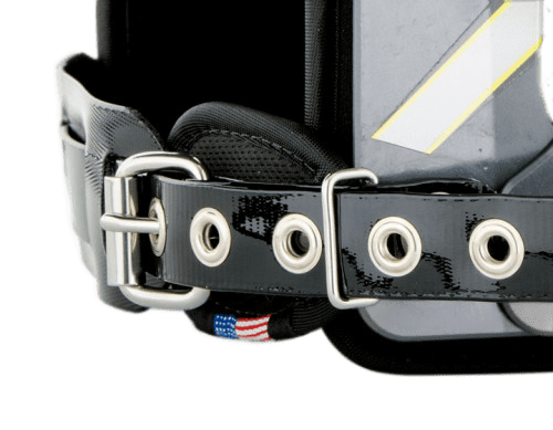 Close-up of the X-Tech X2 Shoulder Pad's adjustable black strap with silver buckle and breathable padding designed for lightweight, flexible protection.