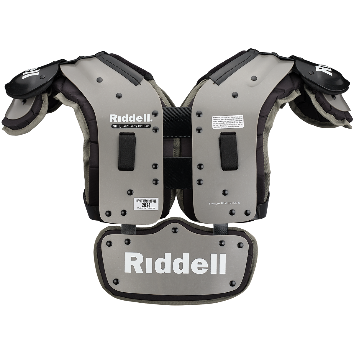 Riddell Smoke SK 2024 football shoulder pads with flat design, swivel front, swim cut arches, and back plate for skilled positions