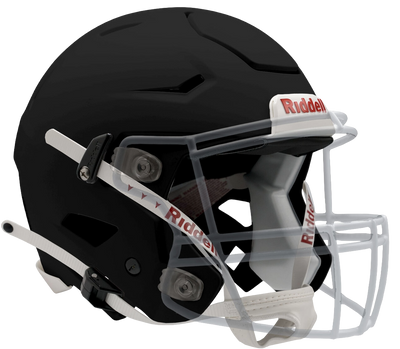 Black Riddell SpeedFlex football helmet with white facemask and red Riddell branding on a transparent background.