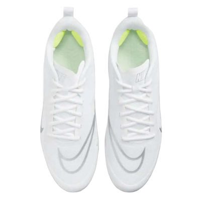 Top view of white Nike Alpha Huarache 8 Pro sports shoes with grey swoosh and neon green inner padding