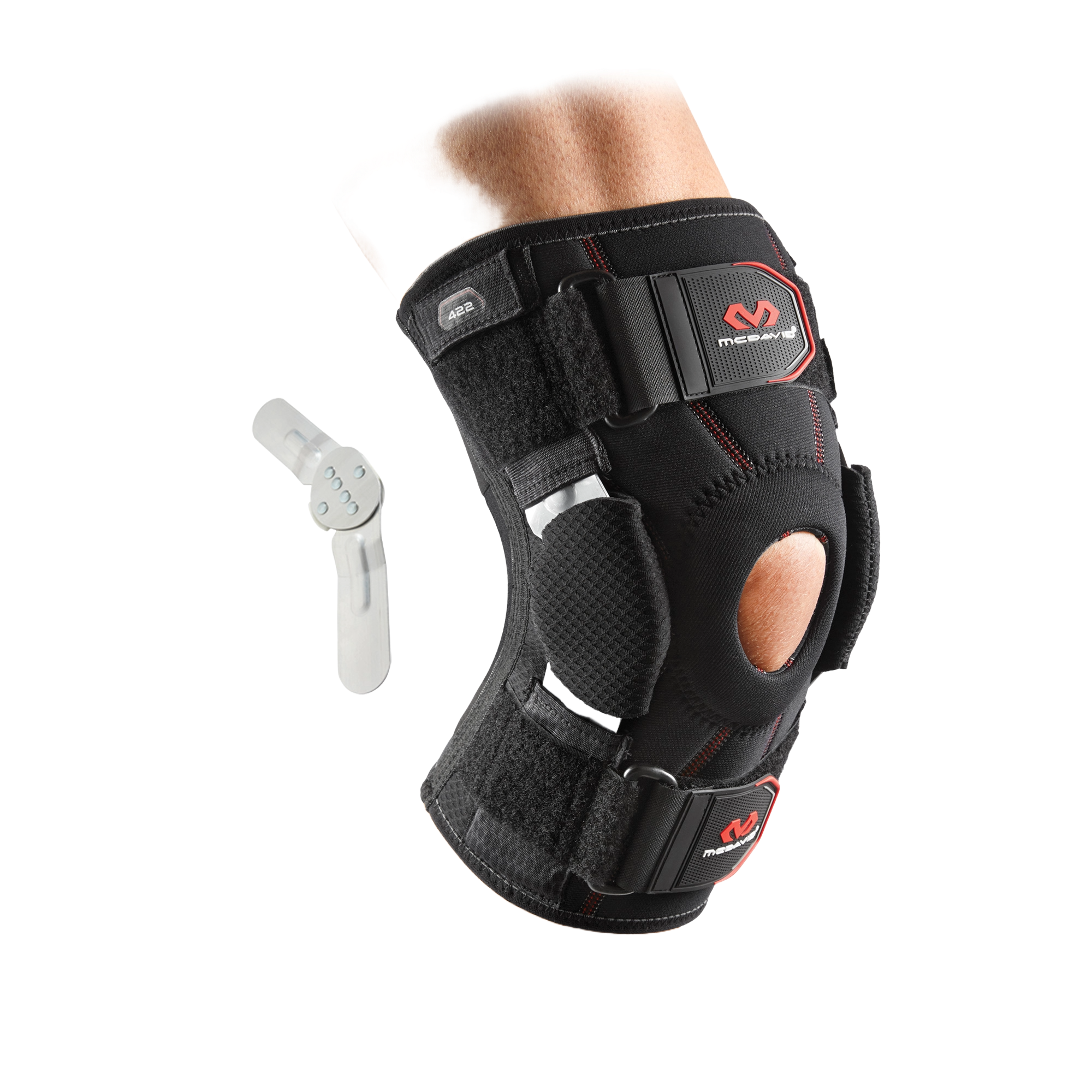 McDavid knee brace with dual disk hinges, adjustable Velcro straps, neoprene sleeve, and aluminum rail support for knee protection and comfort