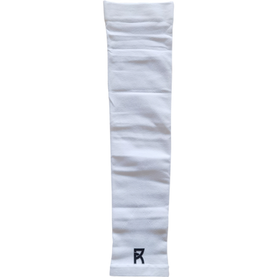 White breathable and elastic compression arm sleeve with Reyrr logo, sold in pairs for UV and turf burn protection