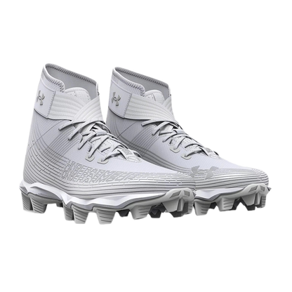 Under Armour Highlight Fran RM white football cleats with synthetic upper and molded rubber cleats for traction