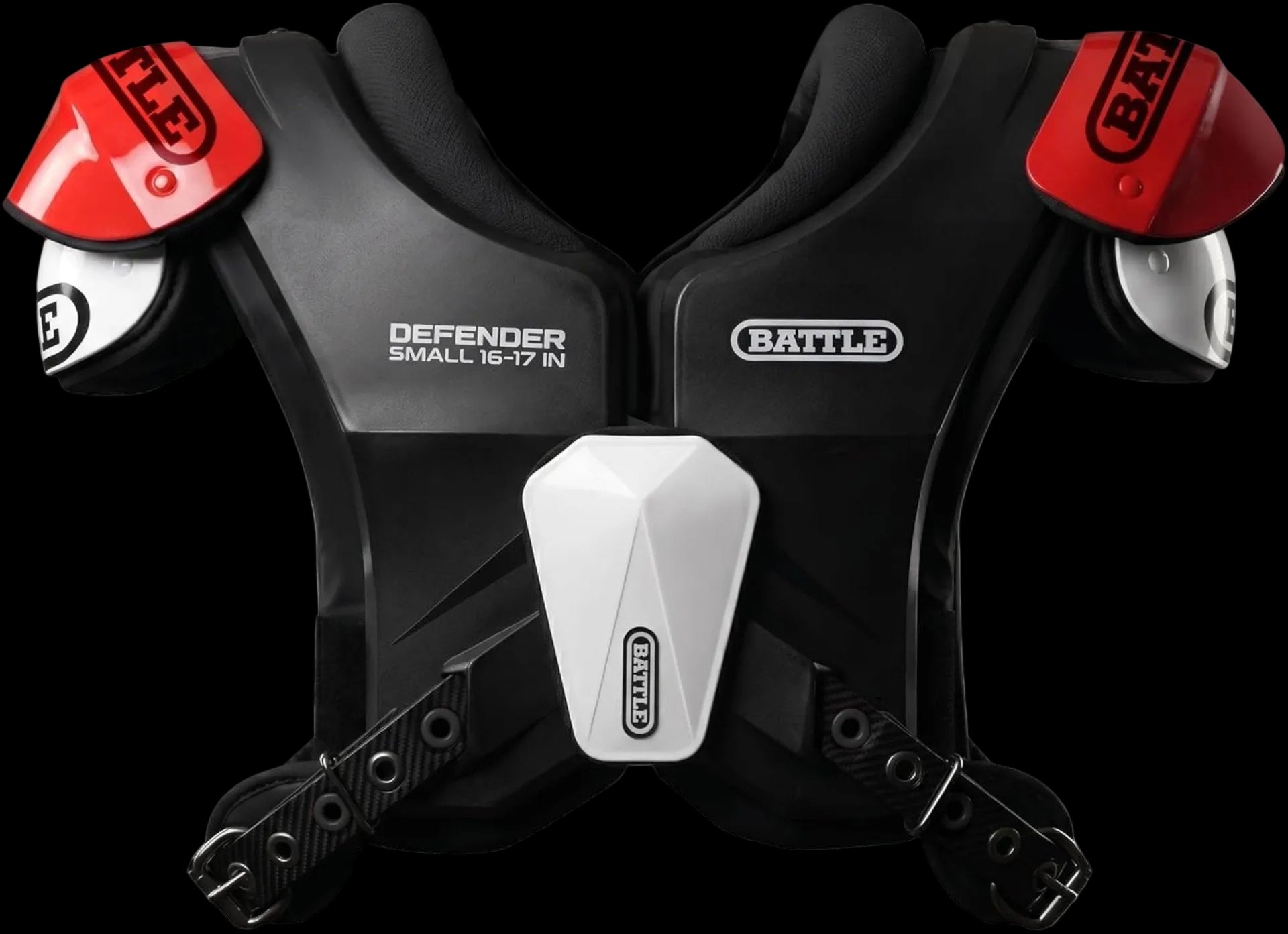 Black Battle Defender shoulder protector with red and white accents, shown from the back on a white background.