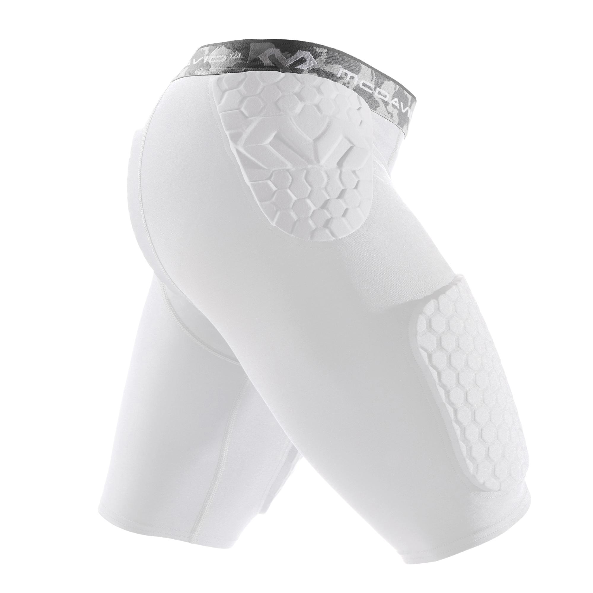 White McDavid Hex Thudd 5-piece compression shorts with hexagonal protective padding on hips and thighs.