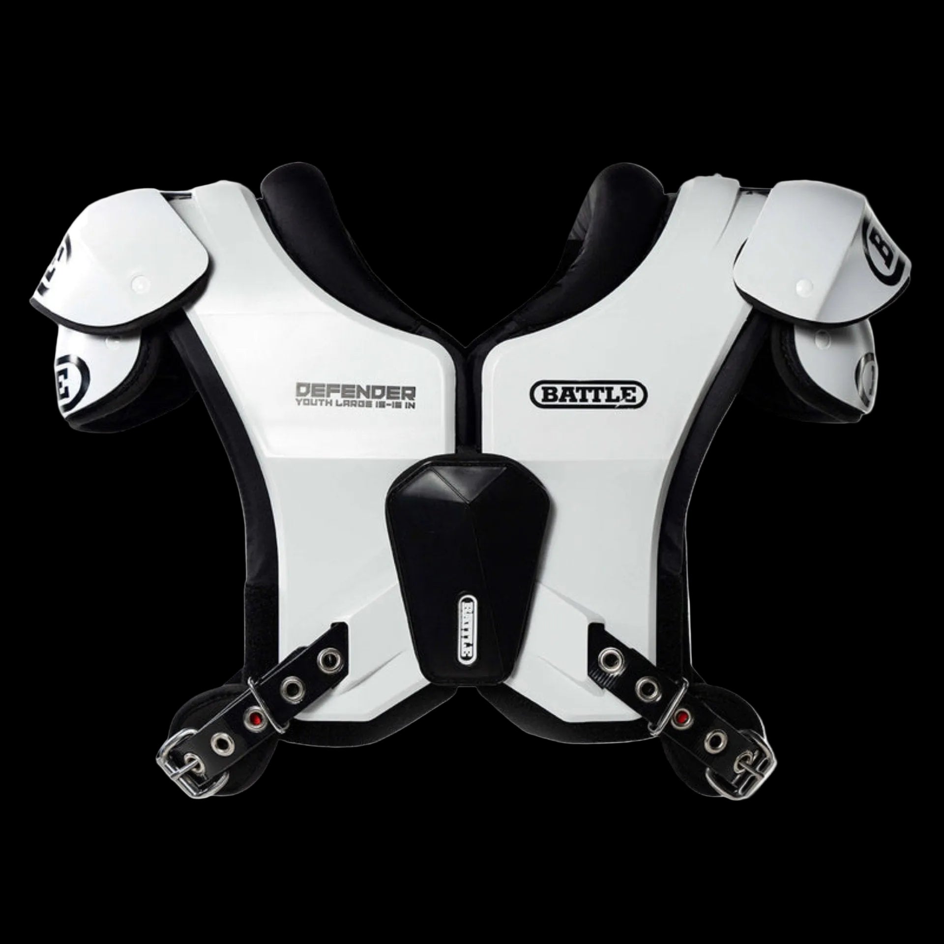 White and black shoulder pad with 'Battle' branding on a white background