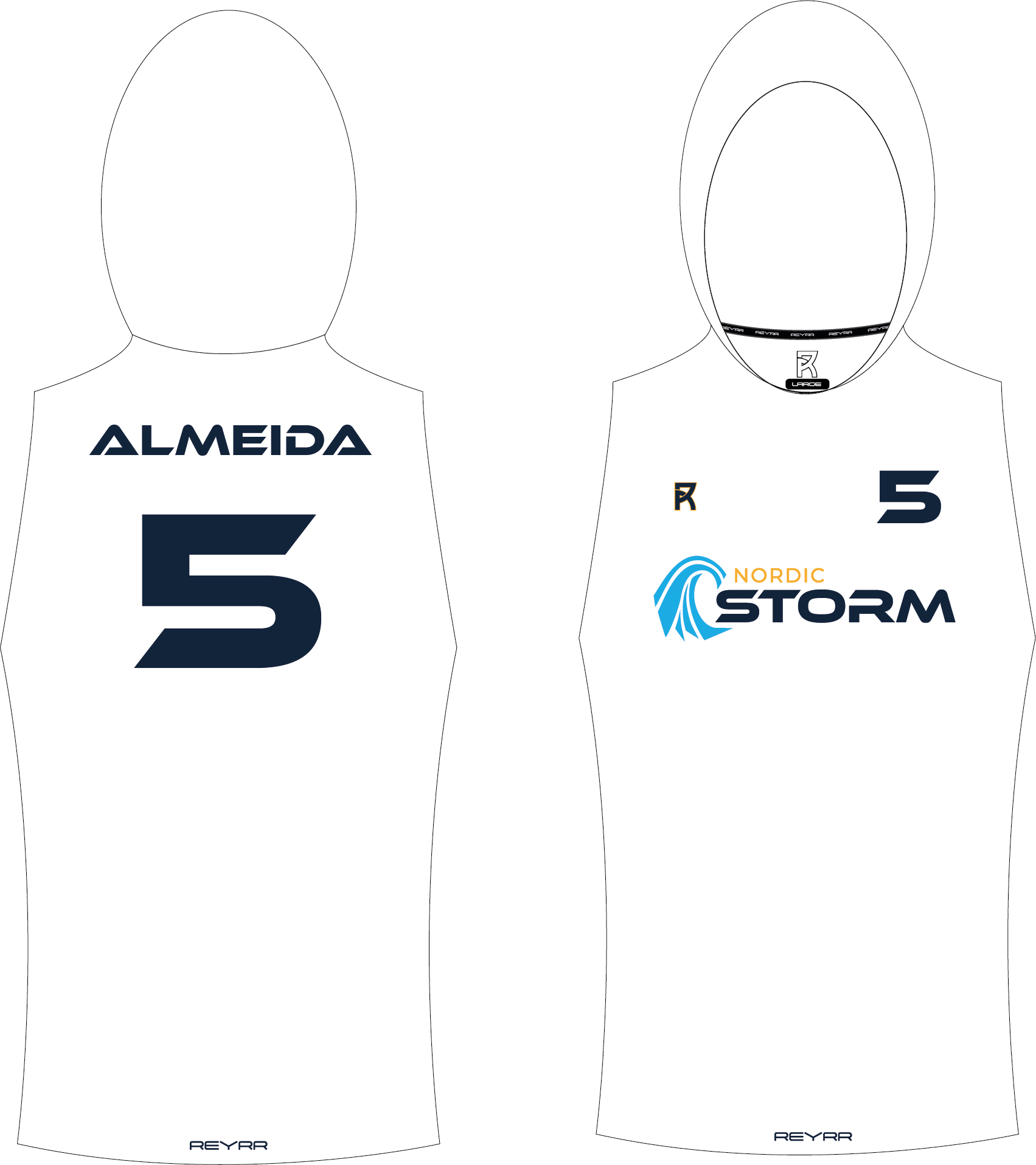 REYRR X Nordic Storm 7V7 sleeveless white hoodie with personalized name and number design