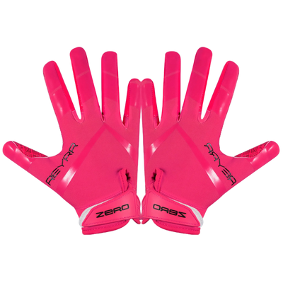 Reyrr Zero Colorway Edition bright pink football gloves with GripTech palm and adjustable neoprene cuff for secure fit and superior ball control.