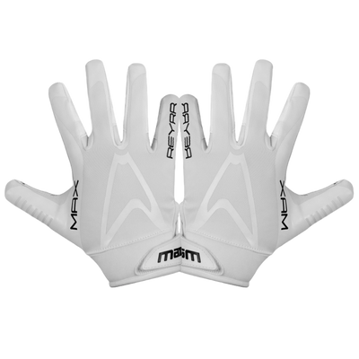 White IB MAX Floorball goalie gloves with Grip-Tech technology for superior grip and ventilation, designed for a snug fit and enhanced performance.