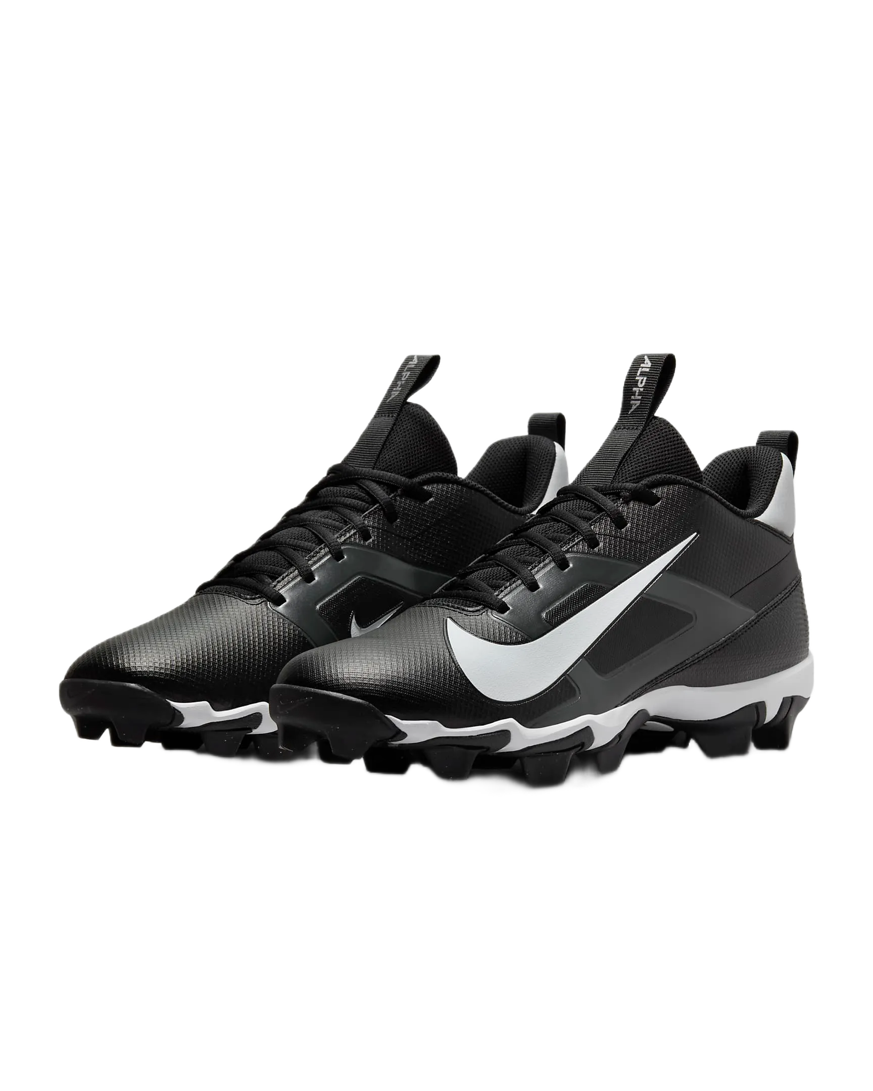 Nike Alpha Menace 4 Shark black and white football cleats with breathable mesh and synthetic leather.