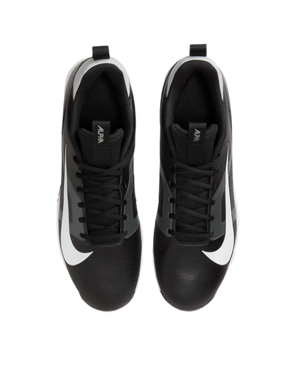 Top view of Nike Alpha Menace 4 Shark black athletic shoes with white swoosh logo and secure lace system.