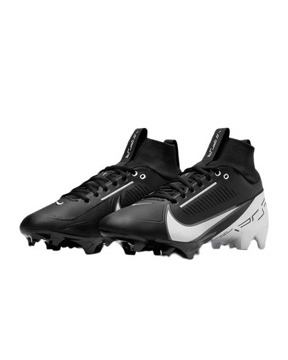 Nike Vapor Edge Pro 360 2 black football cleats with white Nike swoosh and molded upper for enhanced support and traditional laces for customizable fit