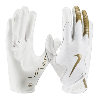 White and gold Nike Vapor Jet 8.0 football gloves with Magnigrip+ palms and breathable perforated fabric