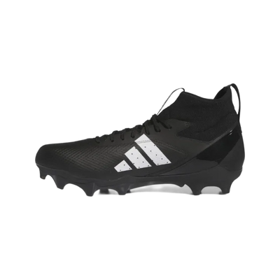 Black Adidas Adizero Impact Mid American football cleat with white stripes and synthetic cleated outsole.