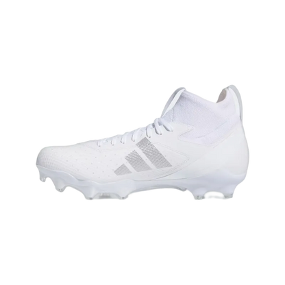 White Adidas Adizero Impact Mid American football cleats with synthetic upper and cleated outsole, eco-friendly design with recycled materials.
