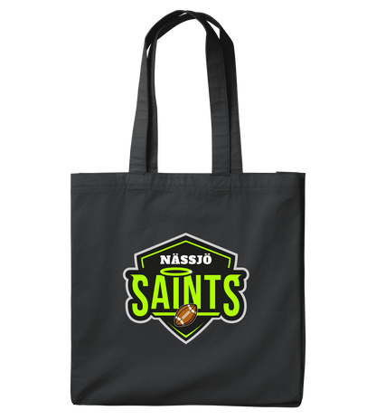 Black Nässjö Saints Canvas Tote Bag large with shaped bottom panel and wide cotton canvas handles
