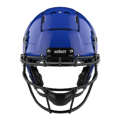 Front view of a blue Schutt F7 VTD football helmet with black faceguard and chin strap