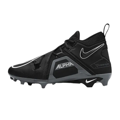 Nike Alpha Menace 3 Pro football cleats in black with synthetic leather, carbon fiber plates, and flexible X-Frames for stability.