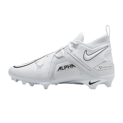 Nike Alpha Menace 3 Pro white football cleat with synthetic leather, breathable fit, carbon fiber plates, and wide traction studs