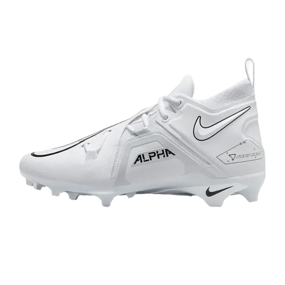 Nike Alpha Menace 3 Pro white football cleat with synthetic leather, breathable fit, carbon fiber plates, and wide traction studs
