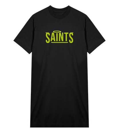Nässjö Saints Women's Tee Dress in black cotton with relaxed fit and neon yellow Saints logo