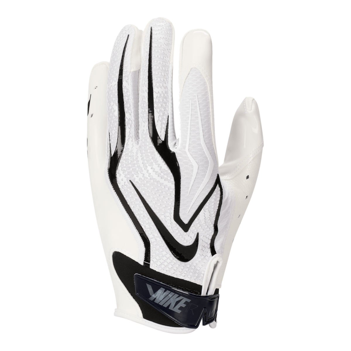 Nike Vapor Jet 9.0 White/Black, backhand of the glove with black flame overlay and Swoosh