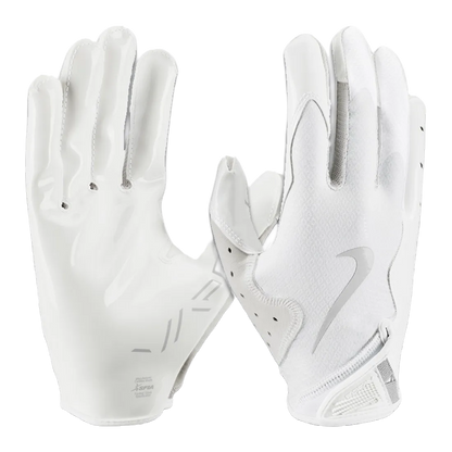 Nike Vapor Jet 8.0 white football gloves with Magnigrip+ palms and breathable, flexible back material.