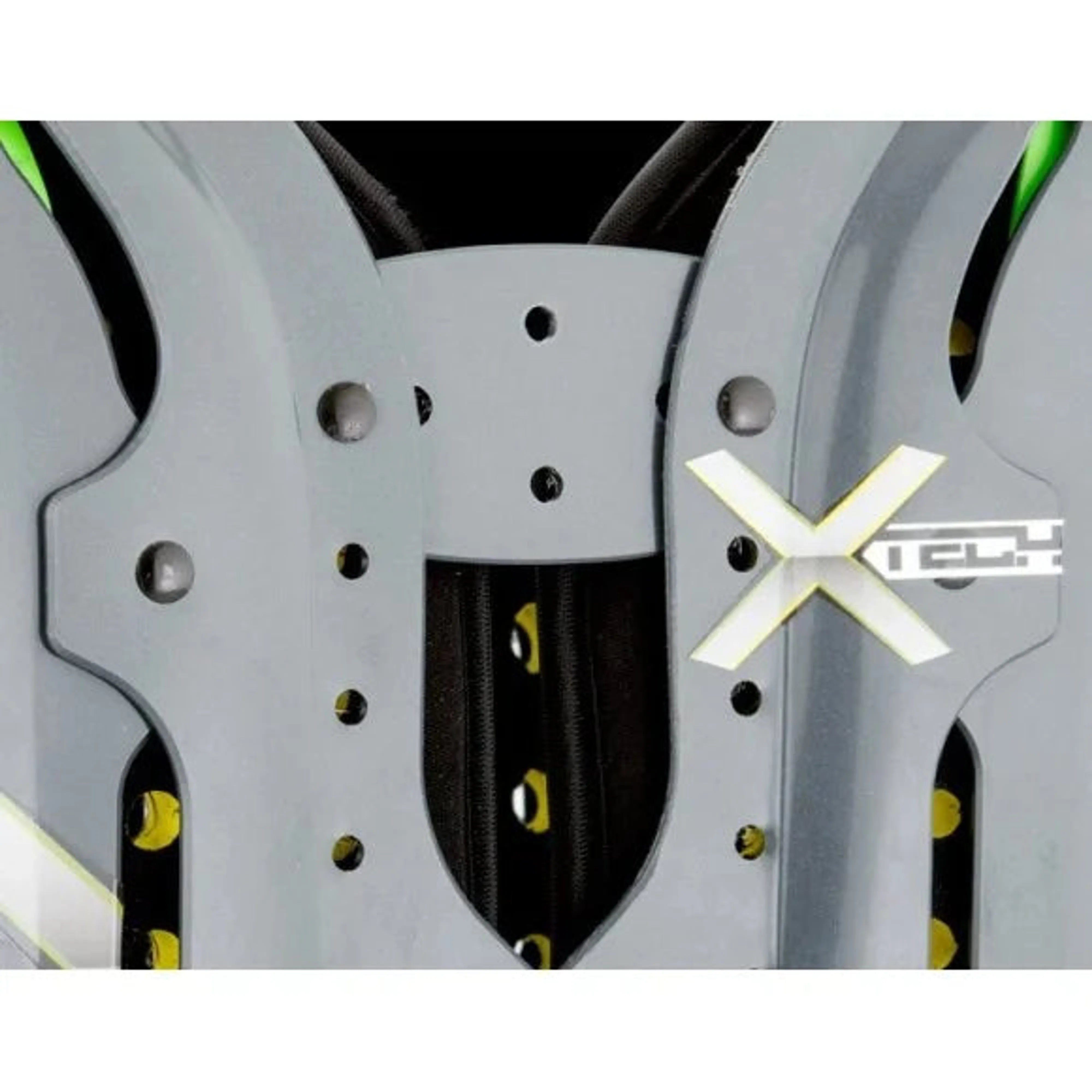 Close-up of Xtech X2 Standard Shoulder Pads showing gray protective plating and XTECH logo